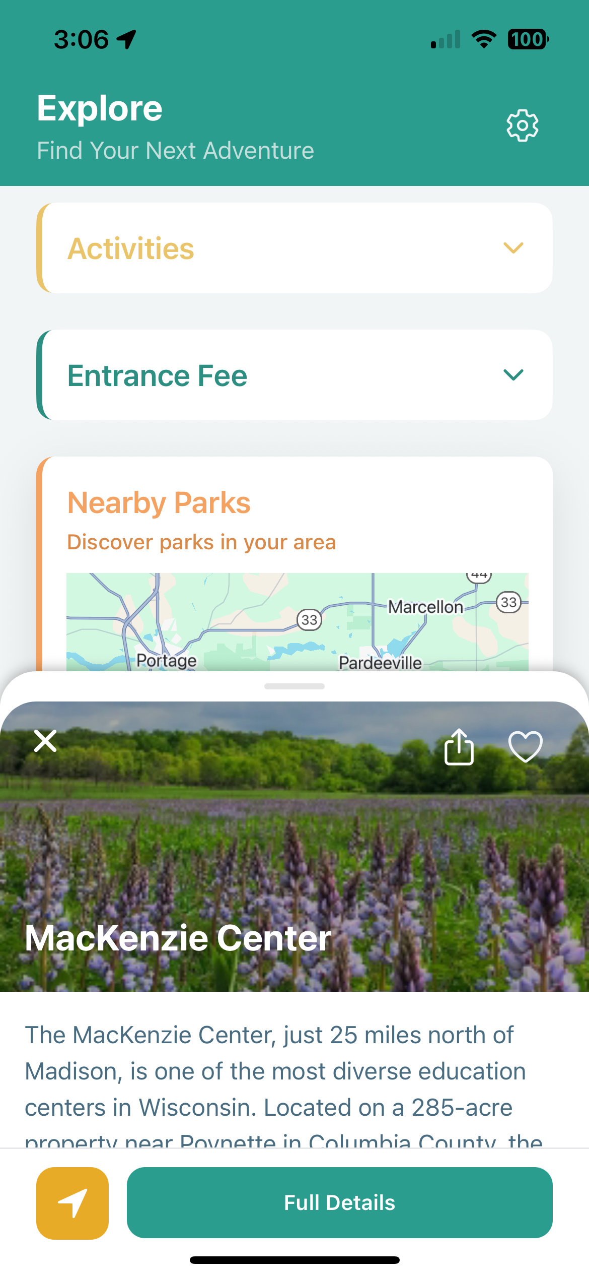 App Screenshot - Park Information Sheet
